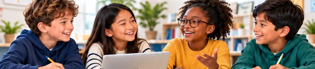 Four students laughing and talking together around a laptop